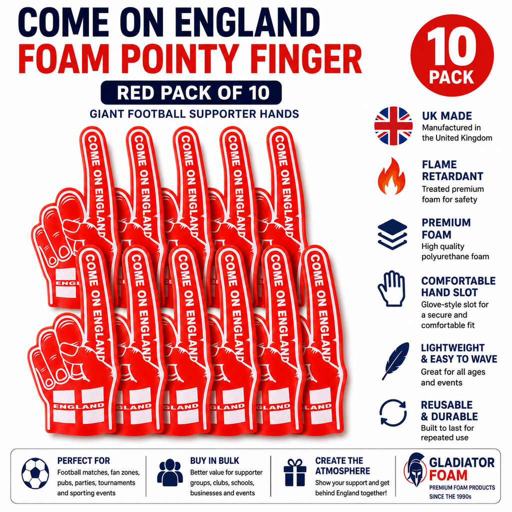 Come On England Foam Pointy Finger Red Pack of 10 | Giant 56cm Football Supporter Hands | UK Made