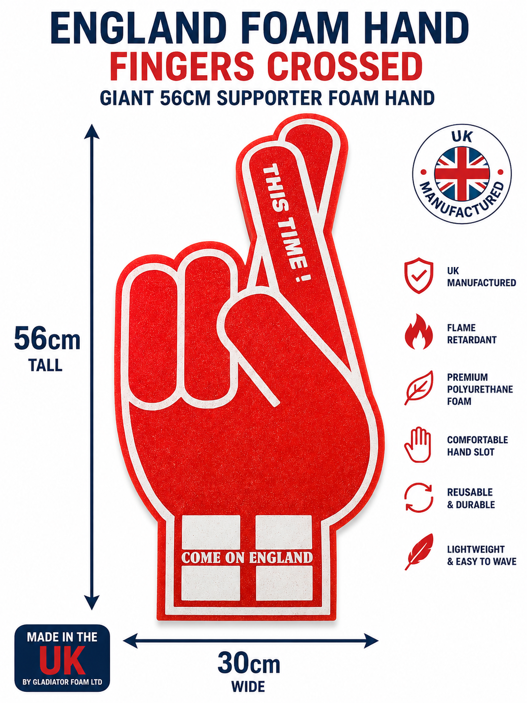 England Foam Hand Fingers Crossed – Giant 56cm Football Supporter Hand