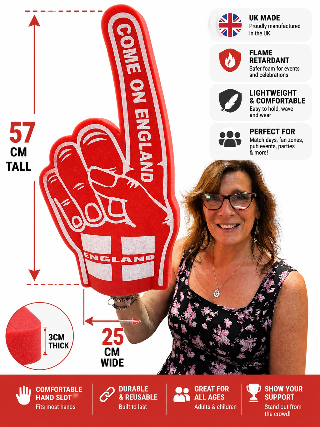 England Foam Finger | Giant 57cm Football Supporter Hand | UK Made Premium Flame-Retardant Foam