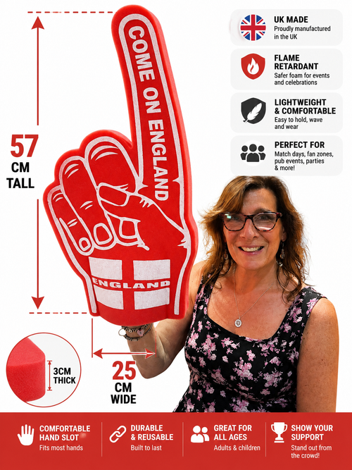 Come On England Foam Pointy Finger Red Pack of 10 | Giant 56cm Football Supporter Hands | UK Made